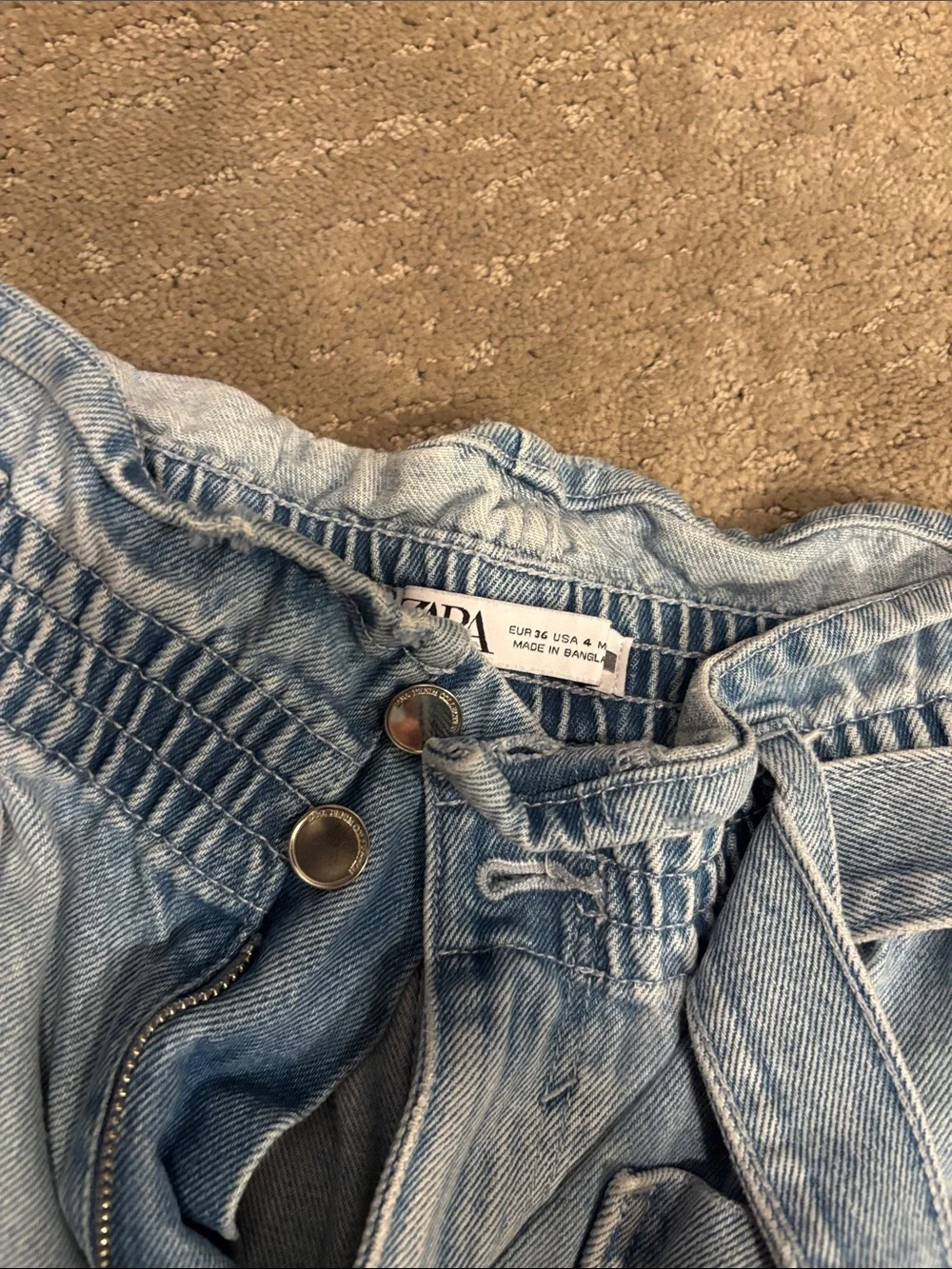 Zara Light Blue High-Rise Paperbag Denim Shorts with Self-Tie Belt